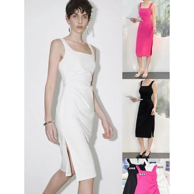 褶皱收腰修身吊带高级连衣裙