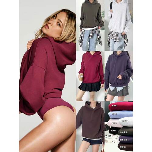 美式休闲街头风连帽宽松纯色卫衣