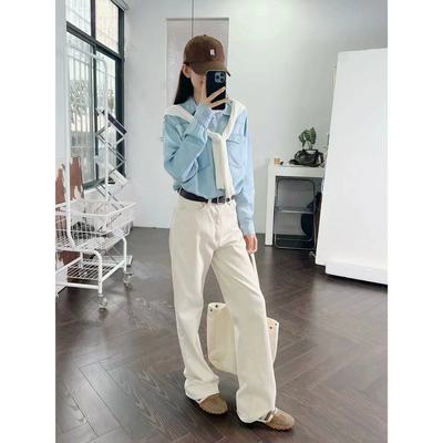 10.15新品 瑞典单 港风设计感宽松休闲浅蓝色薄款牛仔衬衫上衣