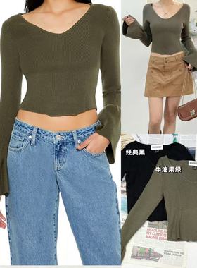 12.17新品 爱福21 法式气质款通勤喇叭袖设计收腰V领显瘦针织毛衣