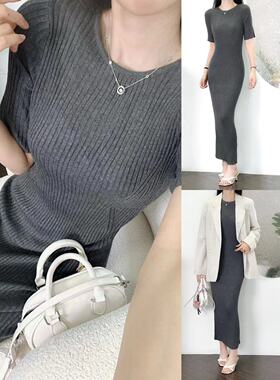 OOhome新品 西班牙Z 羊毛混纺~圆领套头针织毛衣短袖中长款连衣裙