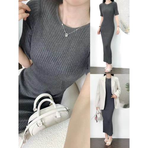 圆领套头针织毛衣短袖长款连衣裙