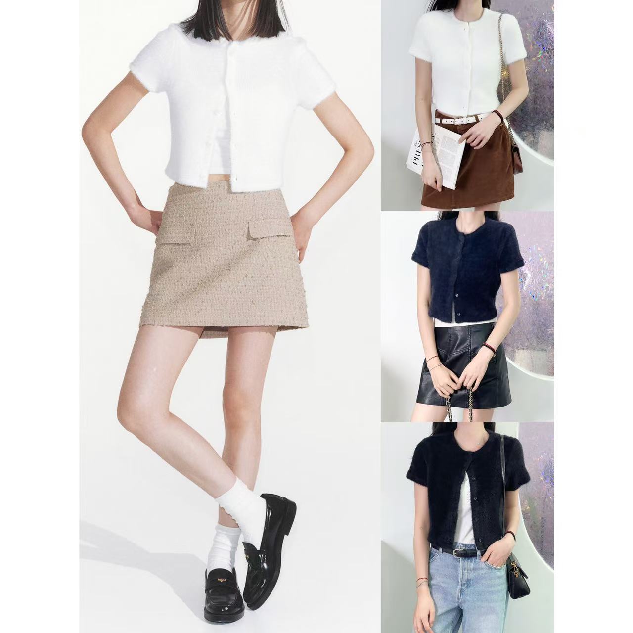 毛绒时尚圆领短款显瘦短袖上衣