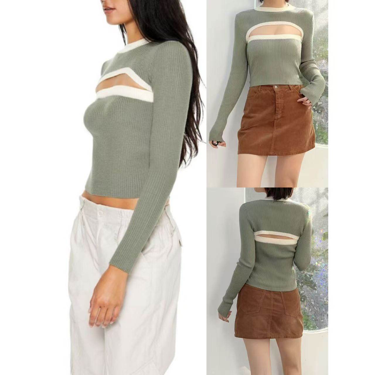 羊毛混纺胸前镂空设计圆领上衣