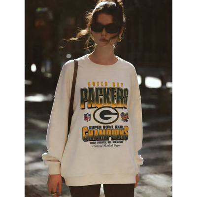 撞色图案圆领套头宽松加绒卫衣