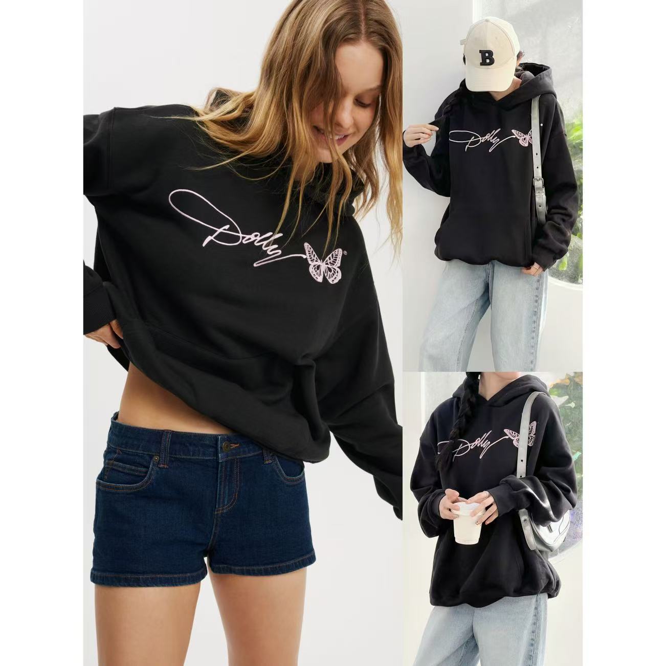 休闲风蝴蝶刺绣宽松连帽显瘦卫衣