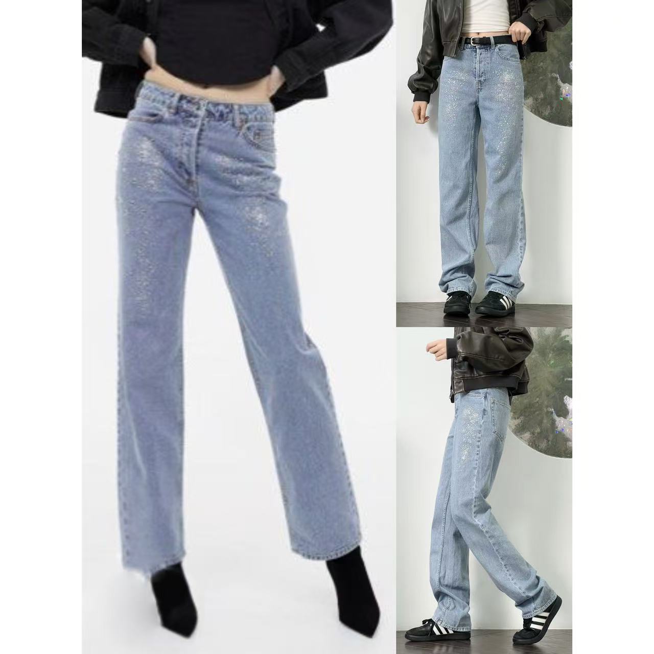 亮片浅色洗水高腰直筒阔腿牛仔裤