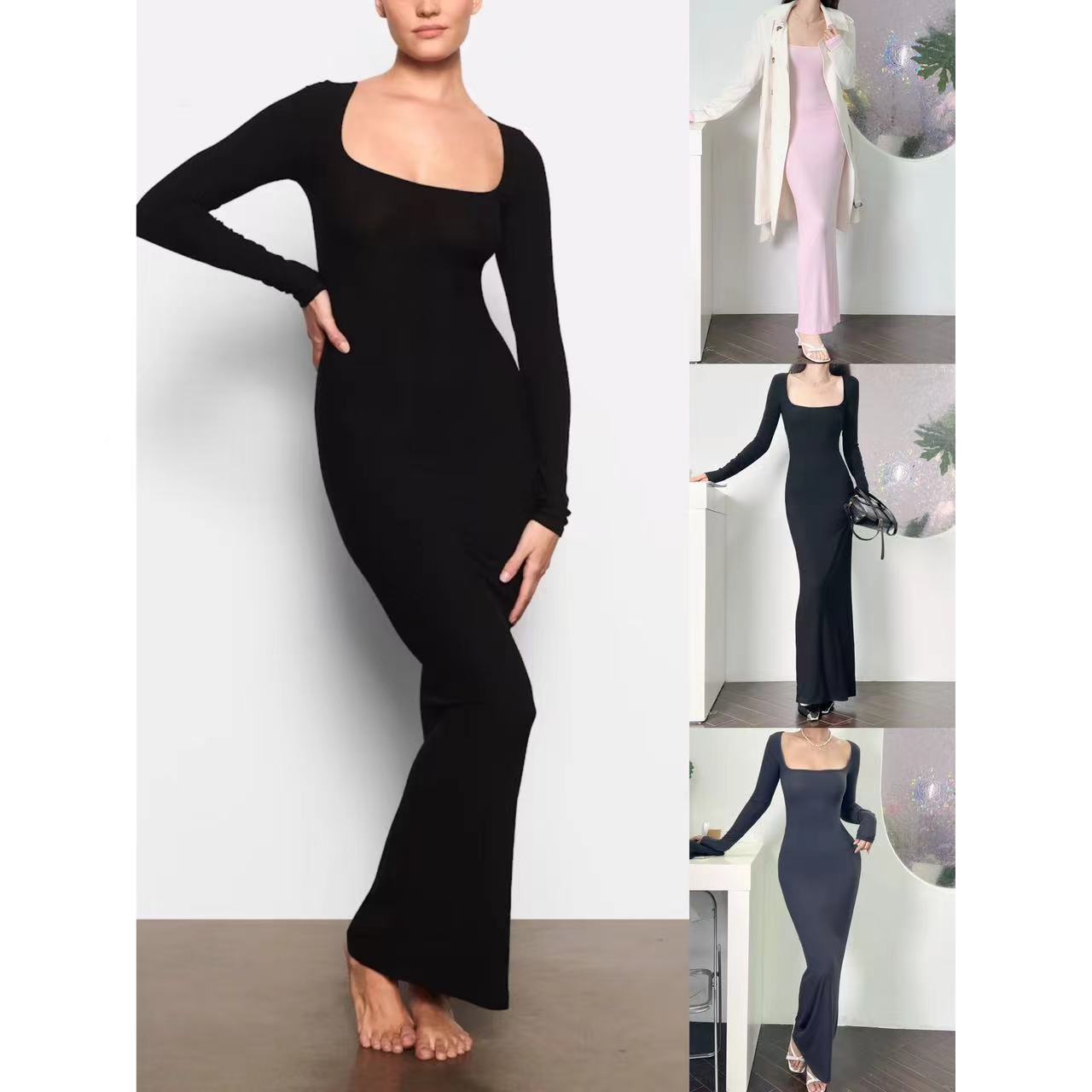 辣妹性感修身方领显瘦连衣裙长裙