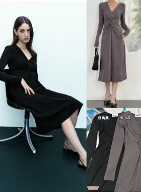 12.20新品 呦R 法式优雅气质款V领腰部扭结设计显瘦长袖连衣裙