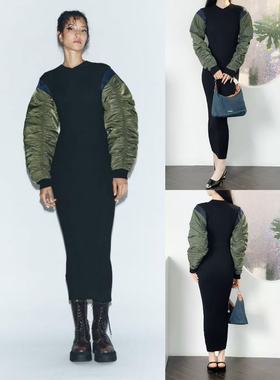 11.08新品 西班牙Z欧美ins秀场小众设计褶皱泡泡袖拼接针织连衣裙