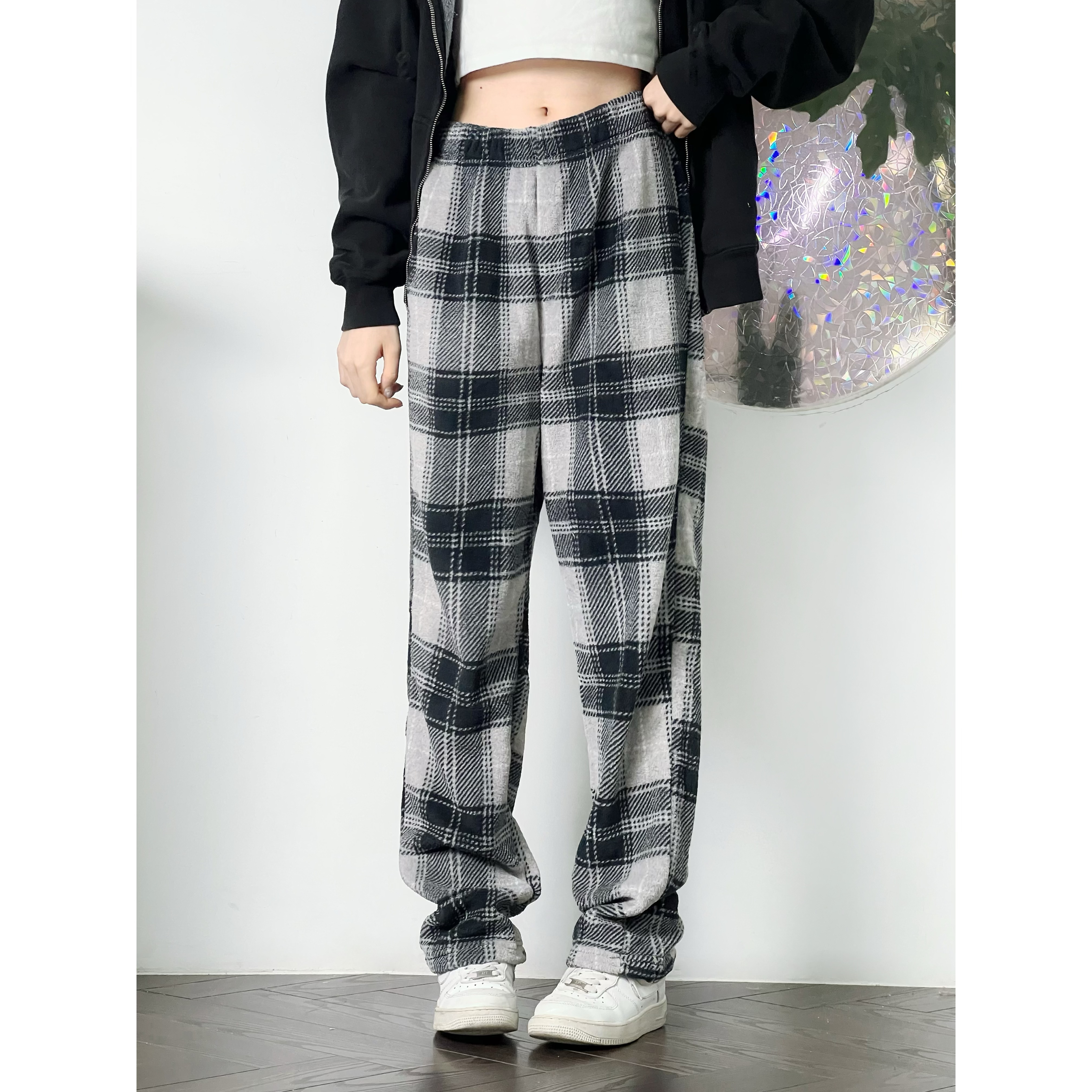 软糯舒适格子休闲阔腿保暖长裤