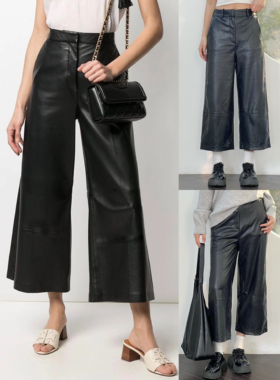 01.03新品 瑞典单 秋冬欧美摩登酷飒高级感pu皮高腰直筒阔腿7分裤