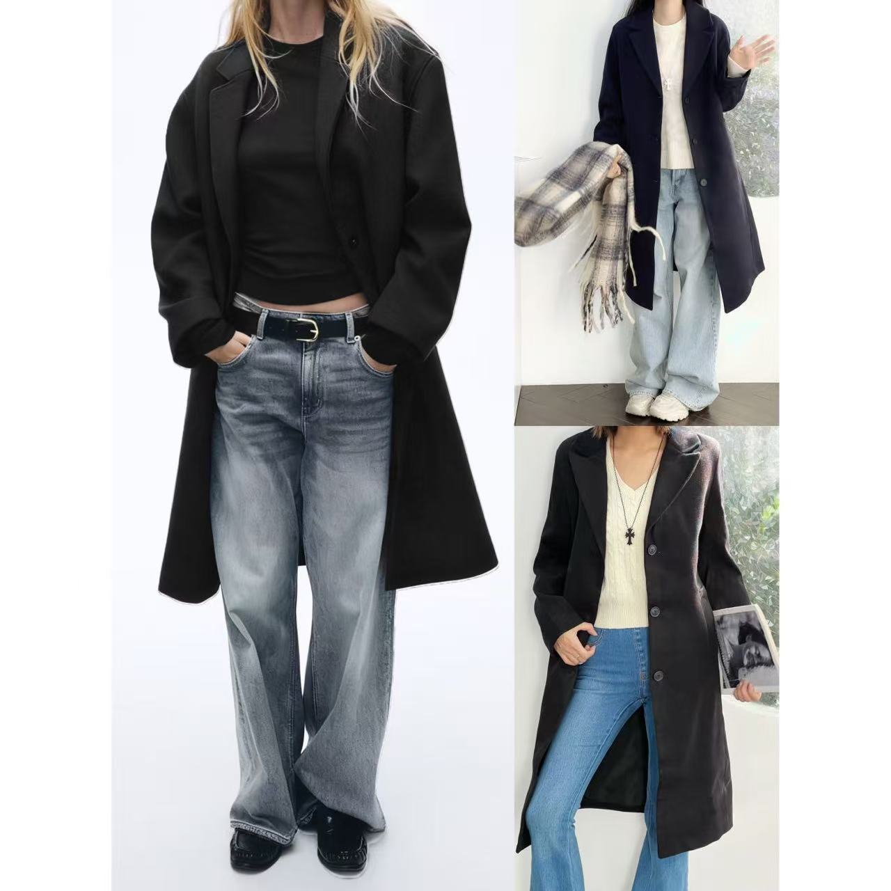 赫本风宽松极简中长款大衣外套