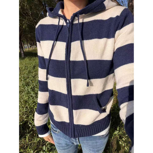 Bao款~复古条纹连帽拉链针织外套