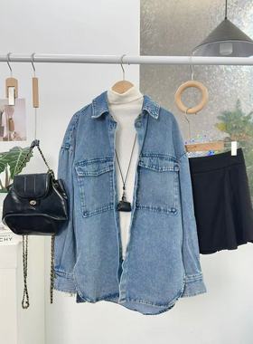12.20新品 瑞典单 复古港风大口袋宽松廓形百搭水洗牛仔衬衫外套