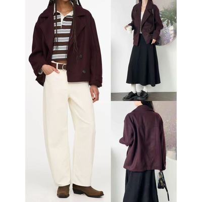 经典双排扣宽松短款百搭毛呢外套