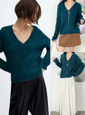 11.22新品 茫GO 秋冬老钱风高级孔雀蓝V领宽松百搭显瘦针织上衣