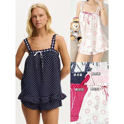 纯棉蕾丝拼色木耳边居家吊带上衣