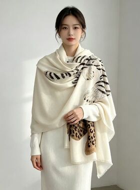 定制logo老虎豹纹老钱风复古文艺披肩棉麻围巾女防晒丝巾秋冬时尚