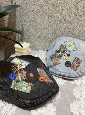美式复古水洗牛仔前进帽女春夏款贴布纽扣复古做旧显脸小画家帽子