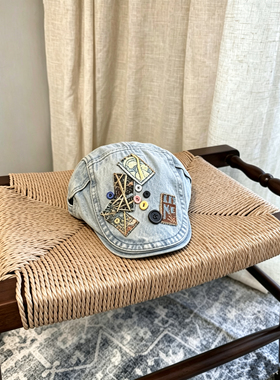 美式复古水洗牛仔前进帽女春夏款贴布纽扣复古做旧显脸小画家帽子
