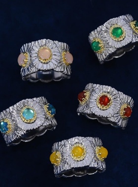 意大利轻奢高级感925纯银彩色宝石雏菊蓝玛瑙复古设计独特戒指女