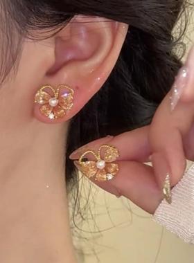 精致轻奢设计感橙色法式耳钉银耳环999纯银针女网红耳饰2025