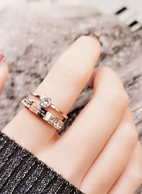 18K玫瑰金冷淡风双层戒指女气质指环莫桑石时尚个性钻戒设计感潮