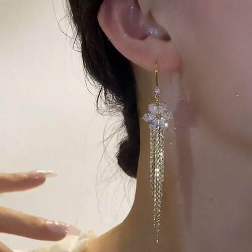 锆石花朵925银针气质流苏耳坠
