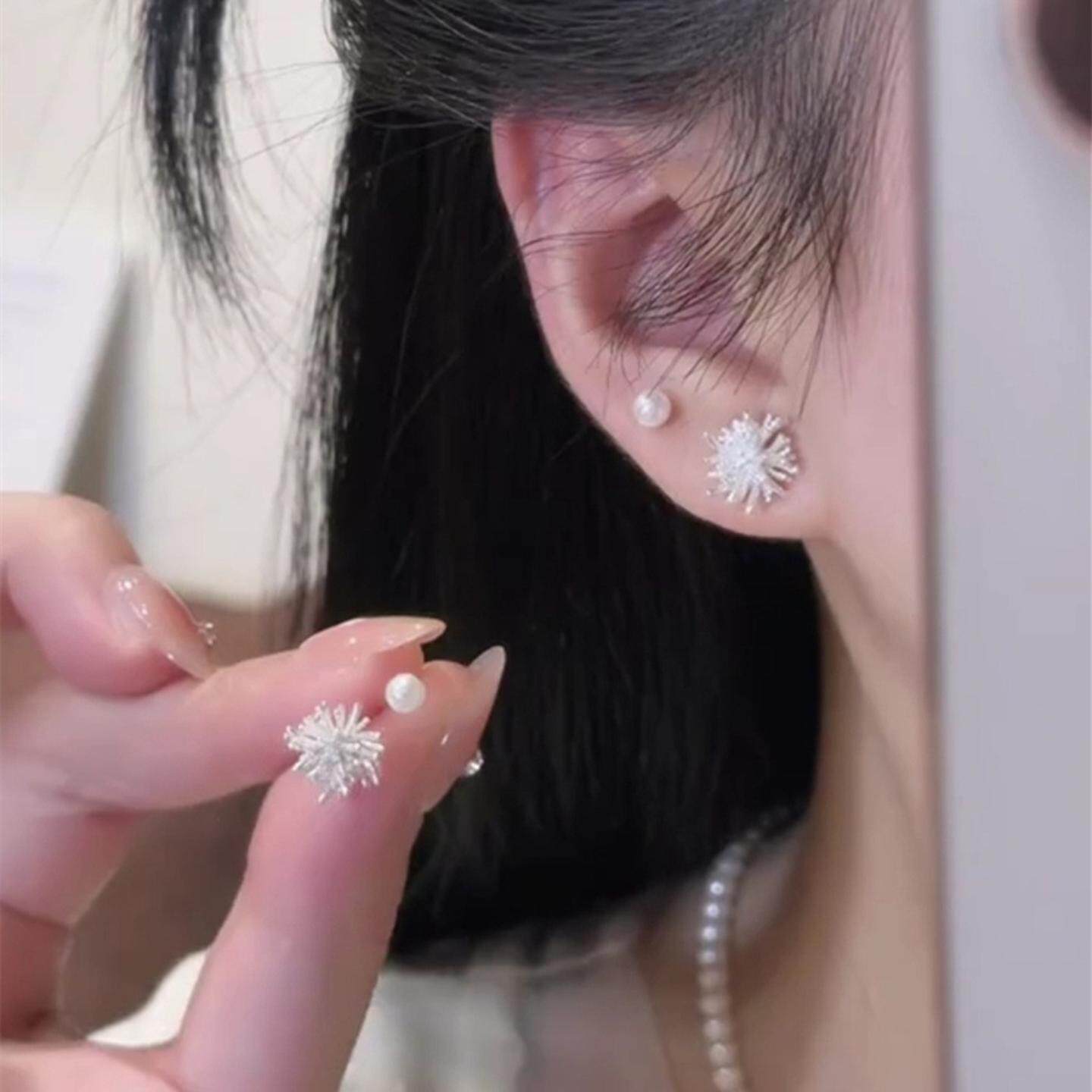 2026新款银色烟花珍珠四件套耳钉银耳环925纯银针女日韩甜美耳饰