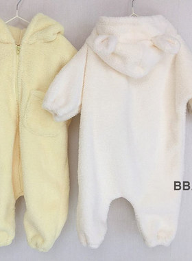 韩国BBABBA宝宝毛绒连体衣 秋冬款婴幼儿可爱连帽保暖爬服哈衣