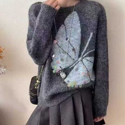 毛衣女款2025秋冬新款深灰色宽松圆领套头针织衫亮片设计感上衣