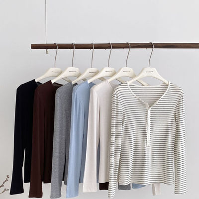 莱赛尔天丝醋酸绵羊毛亨利贝母扣打底衫秋冬长袖条纹T显瘦亨利衫