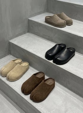 2026夏季新品欧版丑萌牛磨砂皮分趾网红同款街拍厚底女包头半拖鞋