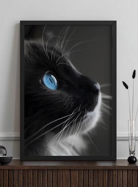 蓝眼猫的凝视客厅卧室沙发动物猫黑白装饰画挂画艺术框油画壁画