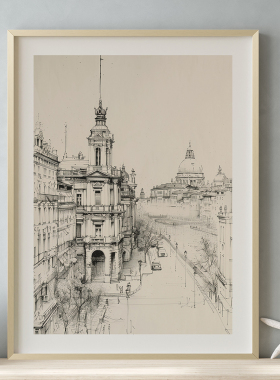 城市地图素描客厅建筑黑白电表箱装饰画沙发背景墙挂画油画壁画