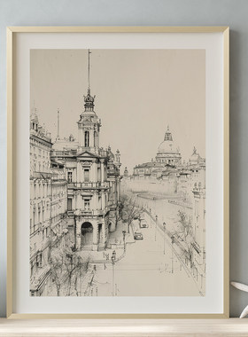 城市地图素描客厅建筑黑白电表箱装饰画沙发背景墙挂画油画壁画