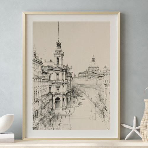 城市地图素描客厅卧室沙发建筑城市黑白装饰画挂画艺术框油画壁画