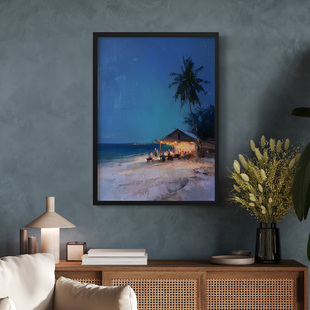 海港余晖客厅卧室沙发玄关风景自然装饰画挂画艺术框油画壁画插画