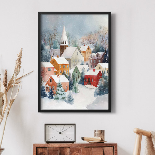 圣诞小镇客厅卧室沙发玄关墙壁卡通装饰画挂画艺术框油画壁画插画