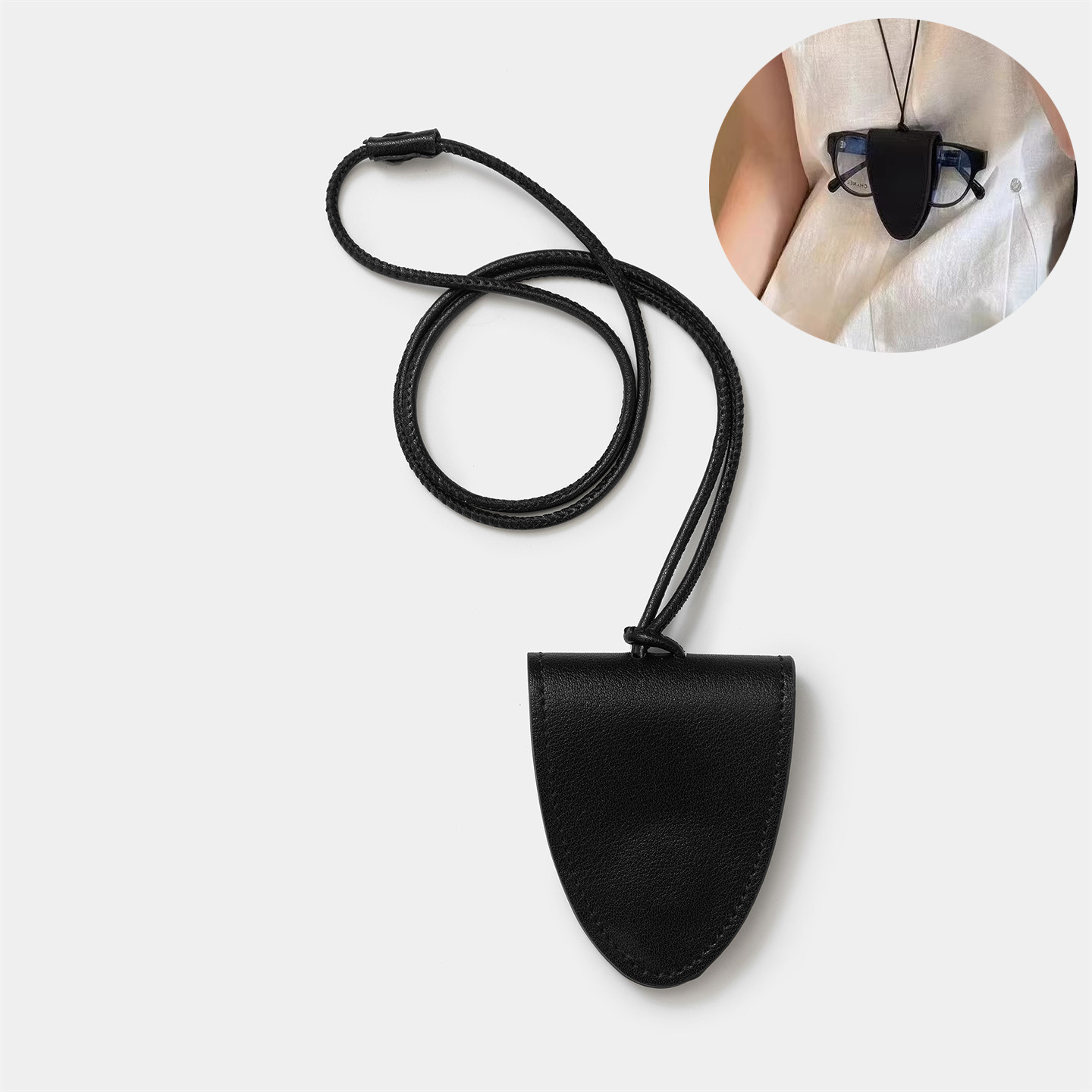 新款大牌风挂脖磁吸真皮眼镜夹头层牛皮脖子挂绳墨镜夹便携收纳夹