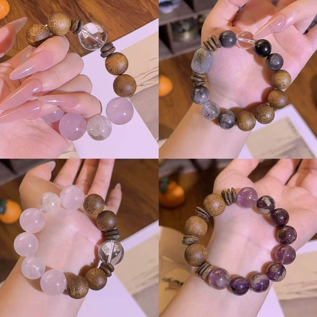 天然棋楠沉香水晶手串设计款女款一物一拍 孤品粉水晶紫水晶