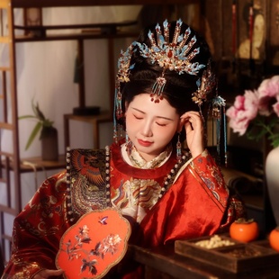 原创汉服中国风精致古风景泰蓝发冠流苏发夹中式新娘百搭发饰套装