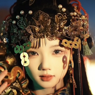 中式嫁衣cos高颜值发饰发冠头饰异域万圣节古风汉服铜钱流苏复古