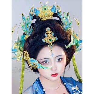 古风精卫神女汉服头饰羽毛发饰发冠发钗配饰蓝绿重工公主套装