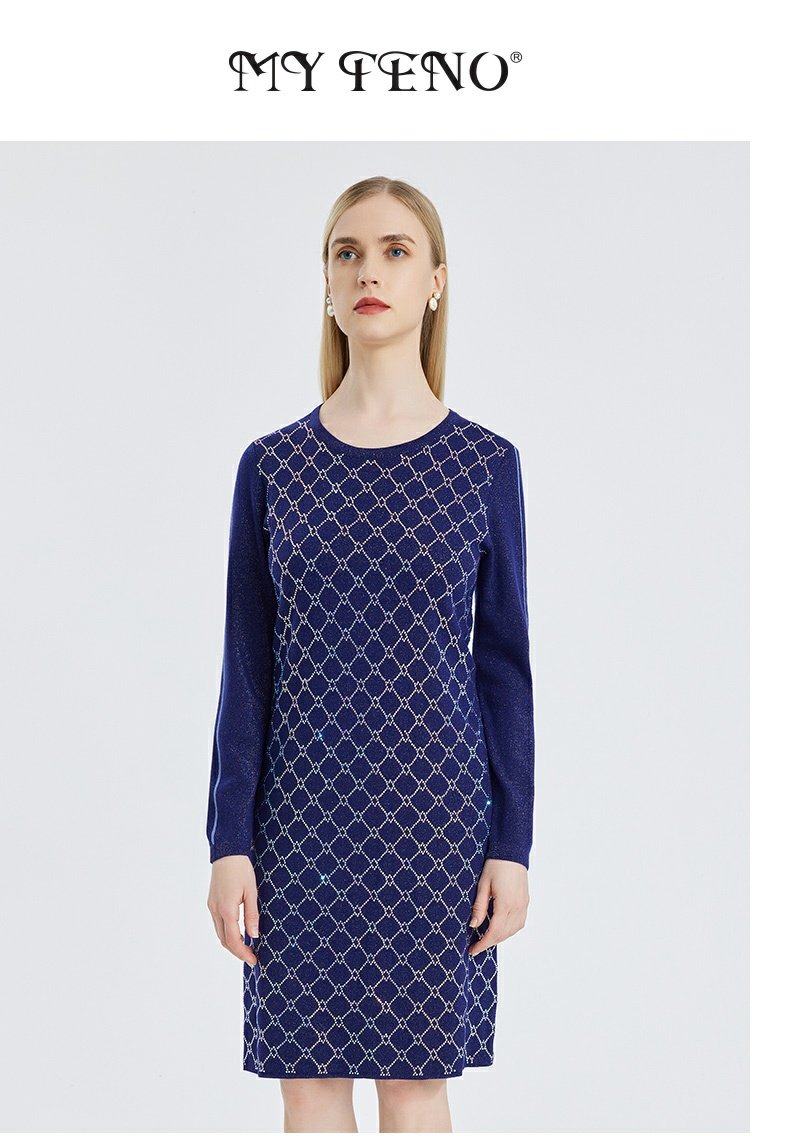 马天奴商场同款绵羊毛闪葱烫钻圆领套头长袖针织连衣裙MCA409SW0