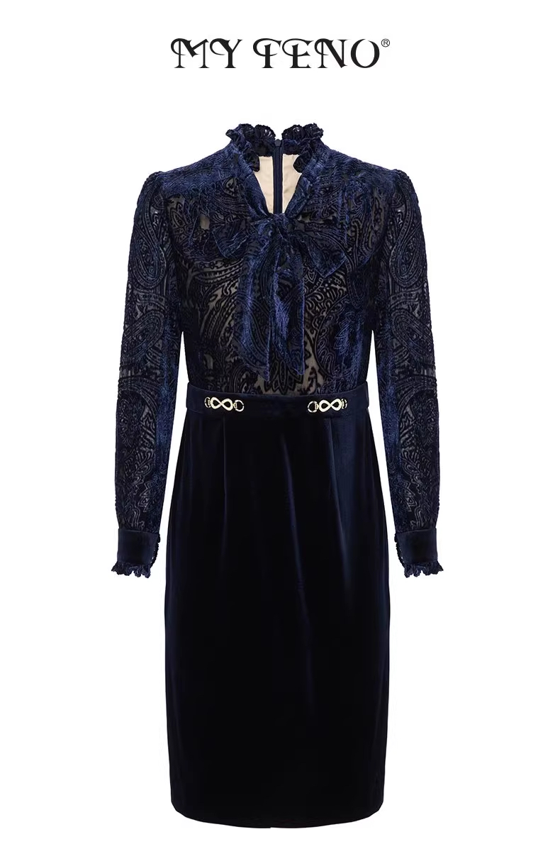 2023年马天奴商场同款烧花拼接丝绒包臀连衣裙MRA522DRB0