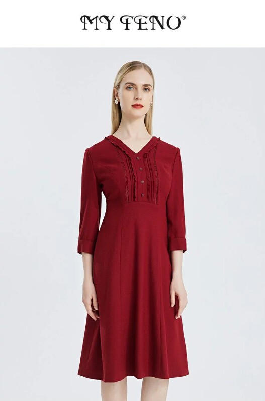 马天奴商场专柜同款纯绵羊毛V领褶饰收腰连衣裙MCA685DR0