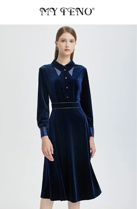 马天奴商场专柜同款银葱丝绒翻领长袖收腰显瘦连衣裙MCA717DR0