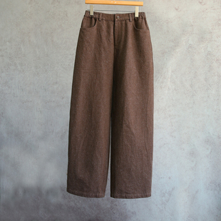 休闲直筒裤 咖色长安牛仔汉麻棉半松紧腰女裤 0506B 新冬款 云芝元